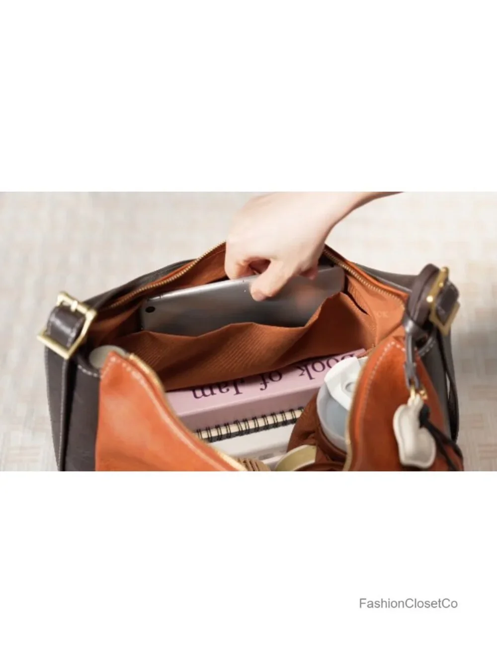 Vegan Leather Hobo Bag with Initial Charm, Crossbody Tote Cup Holder